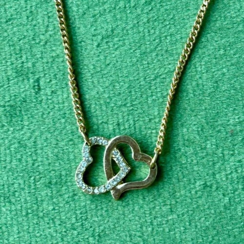 Gold Tone Interlocking Heart Rhinestone Necklace - Picture 2 of 8